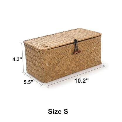Rectangular Handwoven Seagrass Small Storage Basket with Lid for Shelves and Home Organizer Bins,S (10.2"x5.5"x4.3"H), Natural - size: S (10.2"x5.5"x4.3"H)