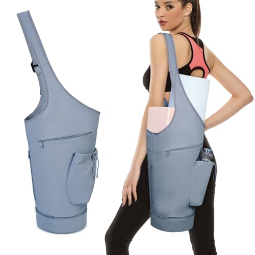 sportsnew Yoga Mat Bag, Large Opening Long Tote Yoga Mat Carrier Holder Bag with Waterproof Wet Pocket and Drawstring Water Bottle Pocket, Adjustable Shoulder Strap Storage Bag, patent pending