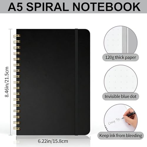 Dot Grid Journal Starter Kit, A5 Spiral Notebook with Stencil Ruler, Date & Color Stickers, Hardcover, 120gsm Thick Paper, Subtle Blue Dotted Pages for Planning, Study & Work - Black - color: Black