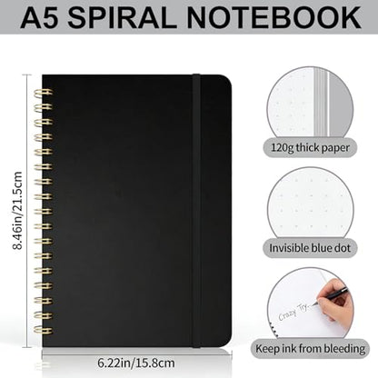 Dot Grid Journal Starter Kit, A5 Spiral Notebook with Stencil Ruler, Date & Color Stickers, Hardcover, 120gsm Thick Paper, Subtle Blue Dotted Pages for Planning, Study & Work - Black - color: Black