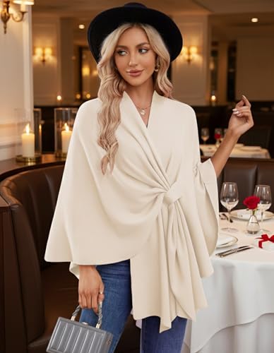 PULI Women's Elegant Shawl Wraps Soft Open Front Poncho Sweater for Spring Fall Winter - color: Front Tab-beige
