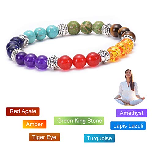 GelConnie Lava Rock Chakra Bracelet 7 Chakra 8mm Natural Stone Healing Bracelet Stress Relief Yoga Beads Anxiety Bracelet Aromatherapy Essential Oil Diffuser Bracelet Bangle - color: A-Chakra Bead