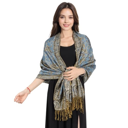 MUQU Women Pashmina Shawls and Wraps Scarf Soft Silky Reversible Paisley Scarves Shawl for Women - color: Denim Blue