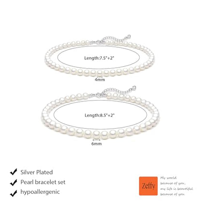 Zeffy Gold Pearl Beaded Bracelet for Women, 14K Gold Plated Jewelry Set With Paperclip Link Chain, Trendy Stack Bracelets - style: 2PCS Pearl Bracelet(4MM&6MM)