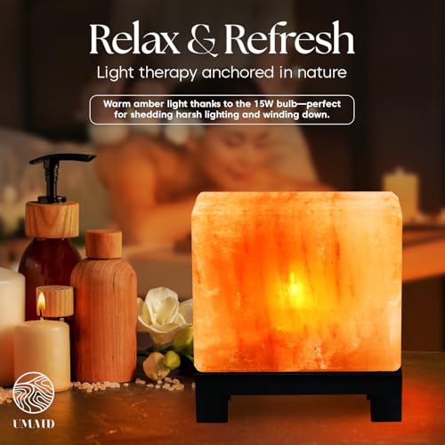UMAID Himalayan Salt Lamp Rectangle, Natural Pink Rock Salt Lamp on Modern Wood Base with Night Light Bulb and Dimmable Cord, Spa Decor, Salt Massage Stones Ambiance, Meditation Accessories Decor Gift - style: Modern Rectangle