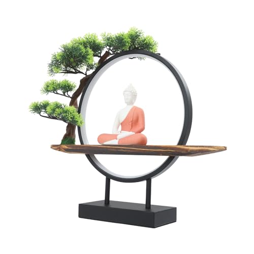 Buddha Statue with LED Circle Table Lamp Artificial Plants Fake Bonsai Tree Buddha Ceramic Statue Indoor Meditation Decoration for Home and Office,18.7 * 3.9 * 16.5in (Buddha-3)