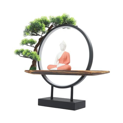 Buddha Statue with LED Circle Table Lamp Artificial Plants Fake Bonsai Tree Buddha Ceramic Statue Indoor Meditation Decoration for Home and Office,18.7 * 3.9 * 16.5in (Buddha-3)