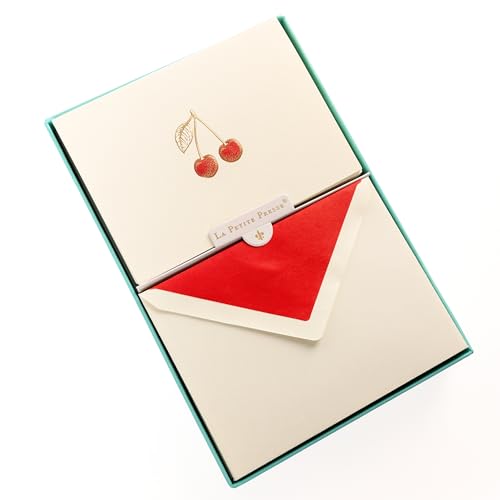 Graphique Cherries Designer Cards Luxe Collection, Gold Foil Embossed Stationery Boxed Set, 10 Blank Cards with 11 Envelopes, All Occasion Greetings, 5.25" x 3.8" - color: Cherries
