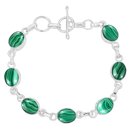Oval Shape Natural Gemstones Statement Bracelet for Women - 925 Silver Plated Handmade Birthstone Bohemian Vintage Style Women's Jewelry Gifts for Wedding Anniversary Christmas Valentine's Day - color: Malachite