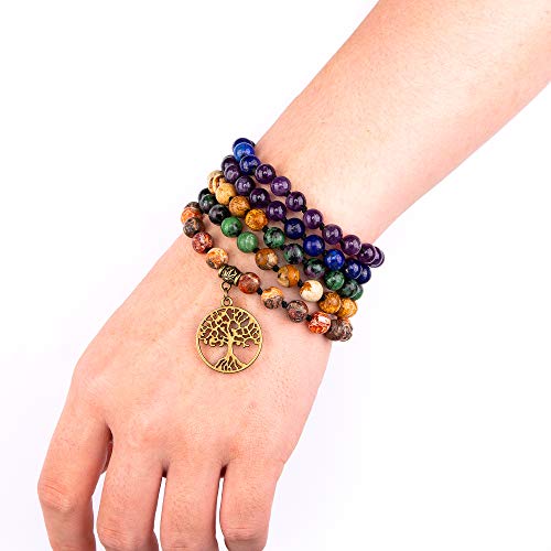 Bivei 7 Chakra 108 Mala Beads Bracelet Real Gemstone Yoga Meditation Hand Knotted Mala Prayer Bead Necklace - size: 8mm, style: # Life Tree - 7 Chakras