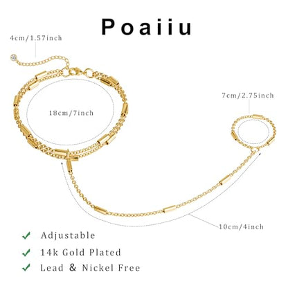Gold Bracelets for Women, 14K Gold Plated Hand Chain Bracelet for Women Trendy Finger Ring Bracelet Hand Chain Dainty Adjustable Hand Chain Jewelry Gifts for Women - color: layered