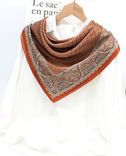ANDANTINO 100% Pure Mulberry Silk Scarf 35" Large Square Lightweight Headscarf –Women’s Hair Wraps-With Gift Packed - color: Chains-caramel