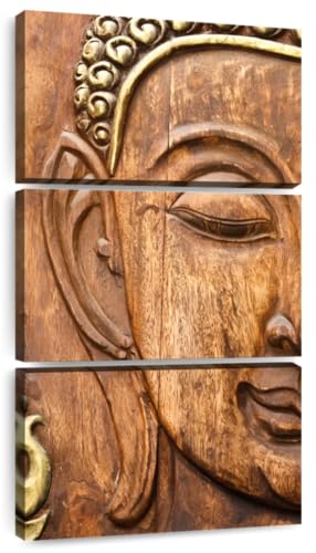 ElephantStock - Buddha's Eternal Calm I Wall Art Buddha Canvas Art, Сanvas For Bedroom, 3 Piece Brown & Beige Zen Wall Decor, Japandi Decor Painting - 15" X 32" - color: Wood Carved Buddha Multi Piece, size: 32"L x 15"W