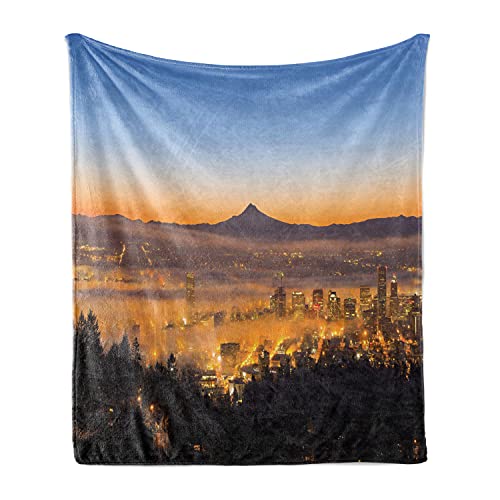 Lunarable Mount Hood Soft Flannel Fleece Throw Blanket, Downtown Silhouette of Portland Oregon Fog During Sunrise Skyscrapers Misty, Cozy Plush for Indoor and Outdoor Use, 50" x 60", Multicolor - color: Multicolor, size: 50" x 60"