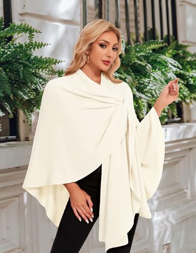 PULI Womens Elegant Cross Front Shawl Wraps Knitted Ponchos Cape Light Weight Poncho Sweater Soft Warm Travel Wraps - color: Ivory White