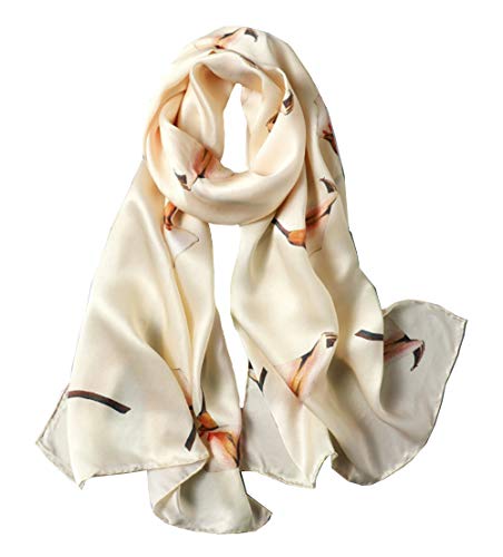 100% Mulberry Silk Long Scarf for Women Large Shawls for Headscarf and Neck- Oblong Hair Wraps with Gift Packed - color: Off-white Calla