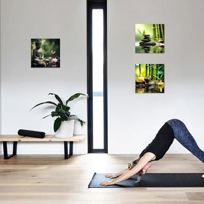 CCWACPP Zen Canvas Wall Art 3 Piece Bamboo Spa Pictures Zen Stones Candles Painting Buddha Print Bathroom Beauty Treatment Meditation Room Decor Framed (12"x12"x3)