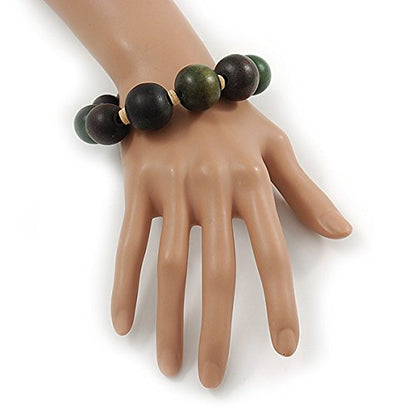 Avalaya Green/Brown/Black Graduated Wood Bead Flex Bracelet - 18cm L
