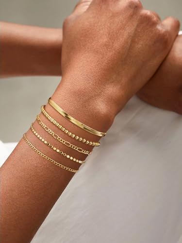 DEARMAY Gold Bracelets for Women Waterproof, 14K Gold Plated Stackable Jewelry Sets Non Tarnish Trendy Thin Dainty Cuban Link Paperclip Chain Bracelet Stack Fashion Accessories Gifts for Womens - style: 5Pcs BRACELET B
