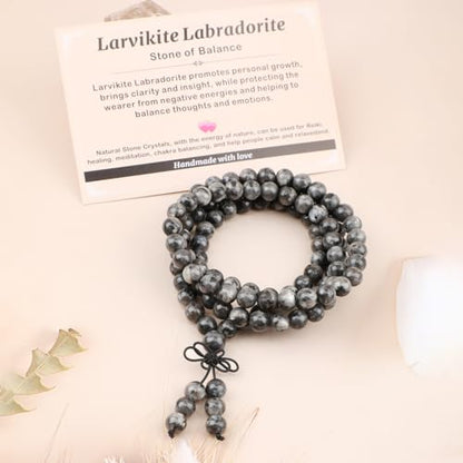 AD Beads 6mm 8mm 108 Prayer Mala Jasper Elastic Bracelet - Handmade Yoga Meditation Healing Power Energy Gifts for Unisex Adult. - color: Larvikite Labradorite(Balance )