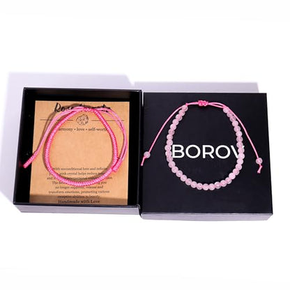 Natural Stone Healing Bracelet Tibetan Braided Style with Adjustable Rope String & Protective Energy Jewelry Gift for Womens & Men - color: Rose Quartz - Pink