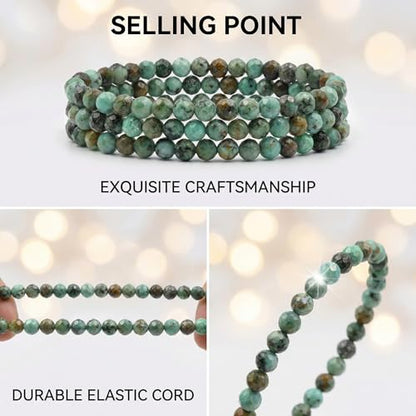 Angelstones Natural Gemstone Small Beaded Stretch Bracelet, 4mm Faceted Round Beads, Crystal Healing Bracelet for Women - color: African Turquoise