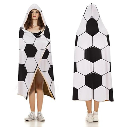 Soccer Ball White and Black Large Size Comfortable Hooded Blanket, Warm Blanket 60"x80" - color: Soccer Ball White and Black, size: 60"x80"