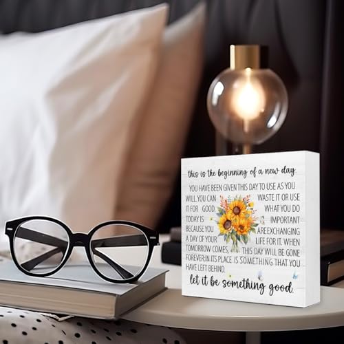 Motivational Wooden Box Sign 5x5x1 INCH, This Is The Beginning of A New Day Sign, Inspirational Office Daily Reminder Desk Decor For Work And Home - style: This Is The Beginning