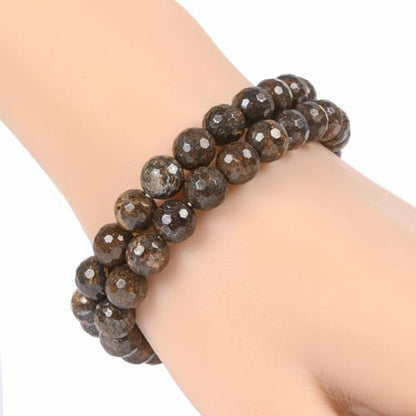 Justinstones Gem Semi Precious Gemstone 8mm Round Beads Stretch Bracelet 7 Inch Unisex - color: Faceted Bronzite