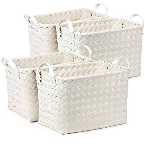 Handwoven Clothes Basket Laundry Hampers Large Wicker Storage Baskets for Shelves Blankets Closet Storage Bins Car Bedroom Bathroom Organizers and Storage Bath (Pack of 4, Ivory) - color: Ivory