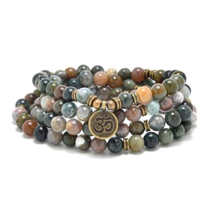 108 Natural Stone Mala Beads Yoga Jewelry Meditation Bracelet Necklace with om Charm - style: Indian Agate