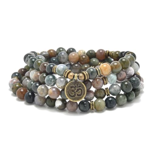 108 Natural Stone Mala Beads Yoga Jewelry Meditation Bracelet Necklace with om Charm - style: Indian Agate