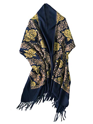 Urban CoCo Women's Embroidered Oversize Tassel Shawl Scarf Wraps for Women - color: #2-navy Blue