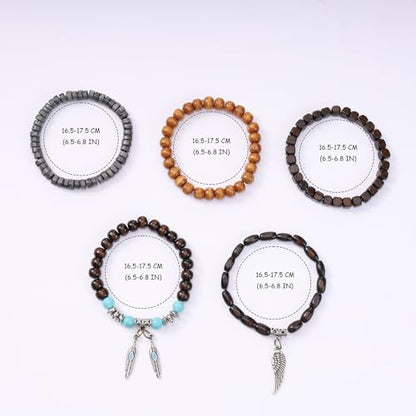 Wooden Beaded Bracelet for Men Women Brown Bracelet Mens Ethnic Tribal wrist Bracelets - color: B:5Pcs