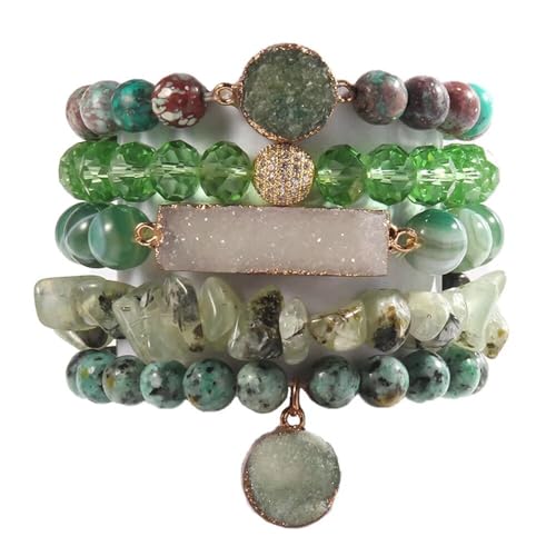 5PCS 6PCS Natural Boho Beaded Bracelets/Bangle for Women Men,Healing Turquoise Jasper Agate Crystal Gemstone Stone Chakra Multilayer Wrap Bohemian Handmade Jewelry Beads Stretch Bracelet Set