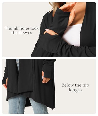 LazyCozy Women's Lightweight Long Sleeve Draped Cardigan Slouchy Open Front Cover Up Stretch Jersey Sweater - color: Black, size: Small