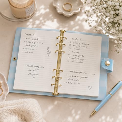 Pearhead Blue Gingham 5x7 Binder Journal with Snap Closure – 1 Inch Round Ring 6 Ring Refillable Notebook – 100 Lined College Ruled Pages, Thick 100 GSM Paper – Small PVC Planner Organizer, Journal Gift For Women - color: Blue Gingham Spiral Journal