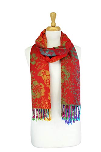 PASKMLNA Double Side Multi Colors Silky Tropical Colorful Exotic Pashmina Wrap Shawl Scarf Rave - color: 051-red Multi Feathers