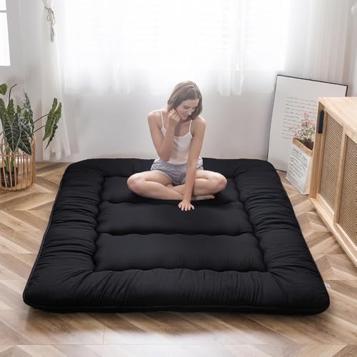 MAXYOYO Japanese Floor Mattress Futon Mattress, 4" Thicken Tatami Mat Sleeping Pad Foldable Roll Up Mat Boys Girls Dormitory Pad Kids Floor Lounger, Black, Twin Size - color: Black, size: Twin
