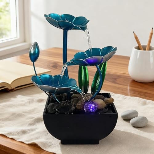 AOZITA Tabletop Fountain, Indoor Waterfall Fountain, Small Home Décor Zen Relaxation Soothing Sound Machine for Office, Living Room, or Bedroom,Blue Metal Lotus with Bud, River Rocks, LED - color: Blue, size: 9.1"