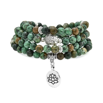 6mm 108 Mala Beads Bracelet, Yoga Zen Necklace with Buddha and Lotus Charm for Prayer - style: African Turquoise