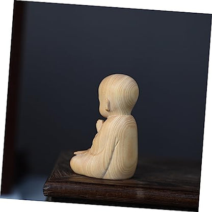 Healifty Boxwood Monk Figurine Hand Carved Desktop Decoration for Home Office Small Pet Ornament Delicate Wood Sculpture for Meditation Feng Shui Decor