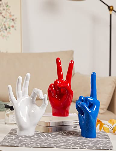 Victory Gesture Hand Statue Sculpture Modern Home Decor Table Centerpiece Art Figurine Gift for Bookshelf Desktop Office Red 11 Inch