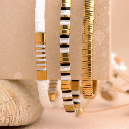 Tila Beaded Stretch Strand Bracelets for Women, Cute Boho Stackable Handmade Colorful Mixed Flat Square Beads Elastic Beach Surfer Bracelet Trendy Jewelry Friend Gift - color: Solid Gold