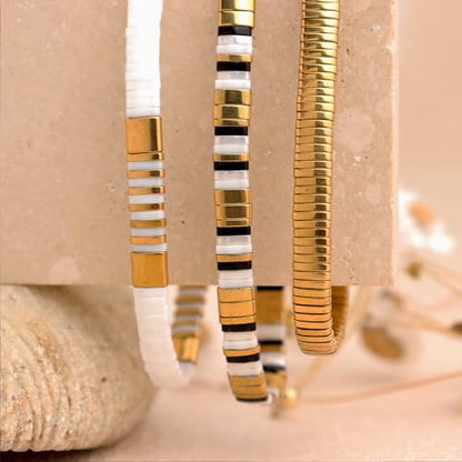 Tila Beaded Stretch Strand Bracelets for Women, Cute Boho Stackable Handmade Colorful Mixed Flat Square Beads Elastic Beach Surfer Bracelet Trendy Jewelry Friend Gift - color: Solid Gold