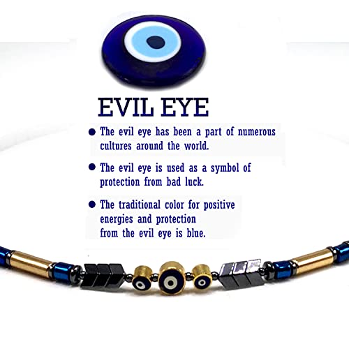 Healing Stress Anxiety Meditation Grounding Energy Gemstone Necklace Series - color: Black Blue Hematite -4 mm- Tube Beads & Evil Eye