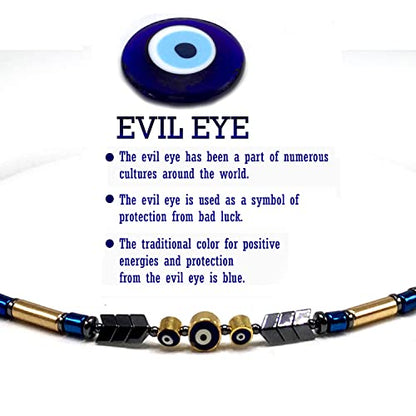Healing Stress Anxiety Meditation Grounding Energy Gemstone Necklace Series - color: Black Blue Hematite -4 mm- Tube Beads & Evil Eye