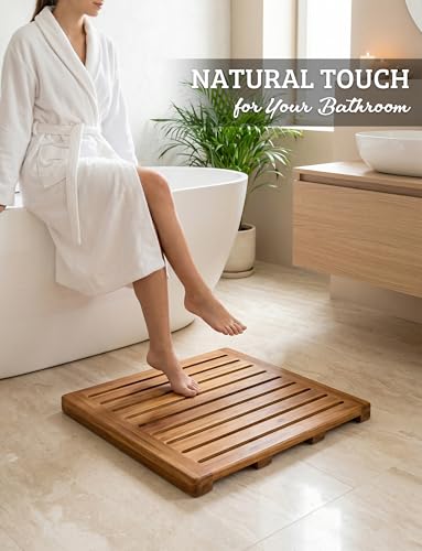 Acacia Wood Shower Mat 21x21 Inches by Demigo, Luxury Bath Mat Non Slip for Bathroom Bathtub Shower Spa Garden Home, Wooden Floor Mat Square Large for Outdoor and Indoor - size: 21" x 21" (Square)