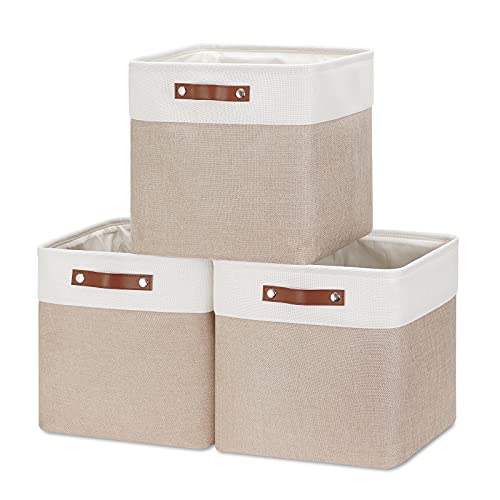 HNZIGE Cube Storage Baskets for Shelves Foldable Storage Baskets(3 Pack) Cube Storage Bin,13 Inch Storage Basket for Organizing with Leather Handles for Toys, Clothes, Kids , Closet (White&Beige) - color: white&khaki, size: 13*13*13 in-3 Pack