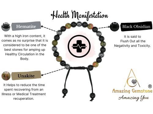 Amazing Gemstone Health Bracelet - Unakite Black Obsidian Hematite Bracelet Set for Men Women Healing Calming Anxiety Stress Relief Gifts Pulseras Para Hombres Mujer Stocking Stuffers (Adjustable) - color: Health